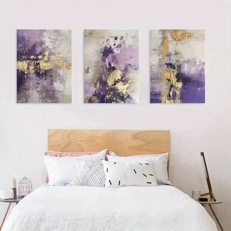 3pcs Green, Purple & Golden Abstract Floral Metal Print Ready to Hang Art