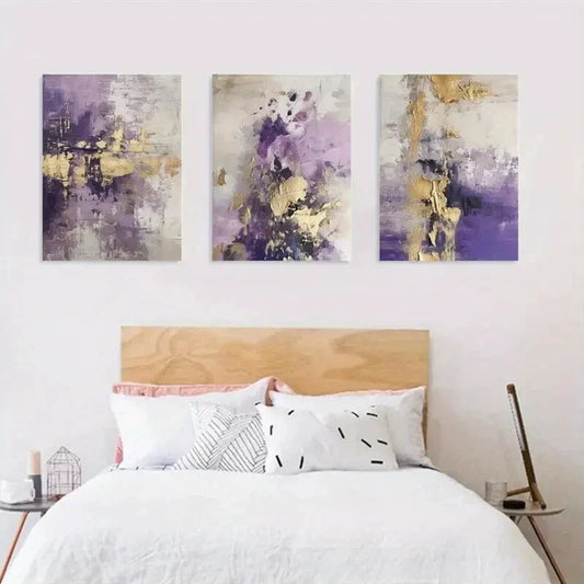 3pcs Green, Purple & Golden Abstract Floral Metal Print Ready to Hang Art