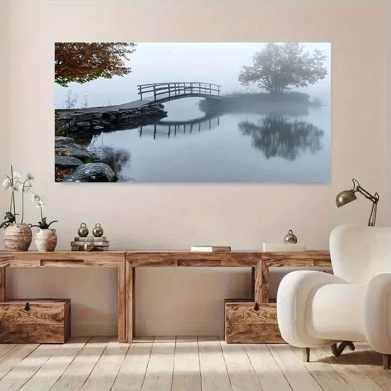 Misty Pond & Wooden Bridge wall canvas office home room framed 120x60cm