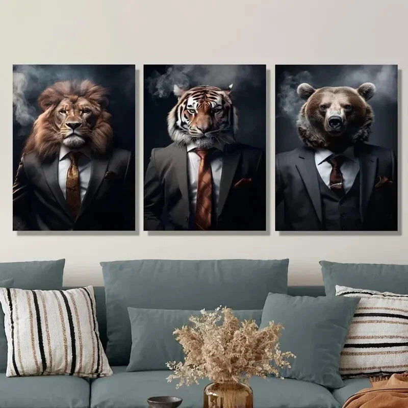 3pcs , Modern Animal Businessmen Metal Print Ready to Hang Art