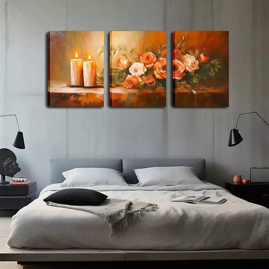3pcs Poster Picture, Candle And Rose, Wall Art Set Canvas Framed 40x60cm - High Quality Print 100% Australian Made Wall Canvas Ready to Hang
