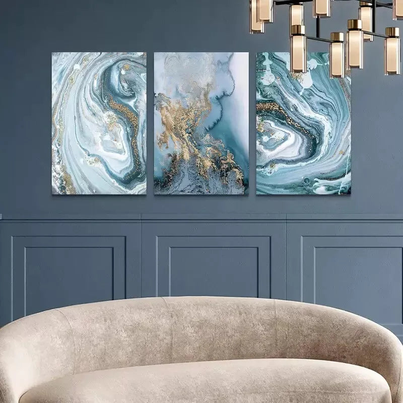 3pcs Blue & Golden Abstract Watercolor Wall Art Set Canvas Framed 40x60cm - High Quality Print 100% Australian Made Wall Canvas Ready to Hang