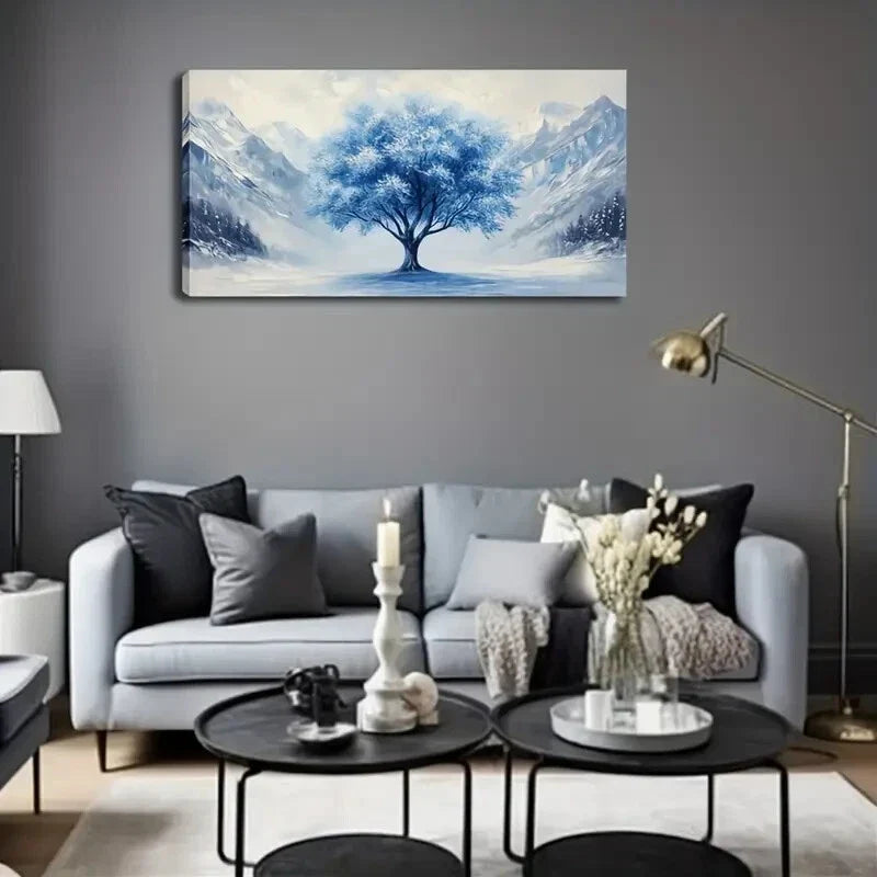 Blue And White Winter Landscape Wall Art Canvas Office Home Room Framed 120x60cm