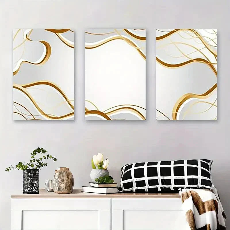 3pcs Modern Minimalist Abstract Golden and White Metal Print Ready to Hang Art