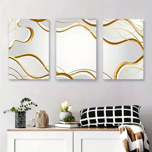 3pcs Modern Minimalist Abstract Golden and White Metal Print Ready to Hang Art