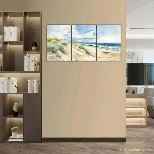 3pcs Watercolor Style Mural, Coastal Metal Print Ready to Hang Art