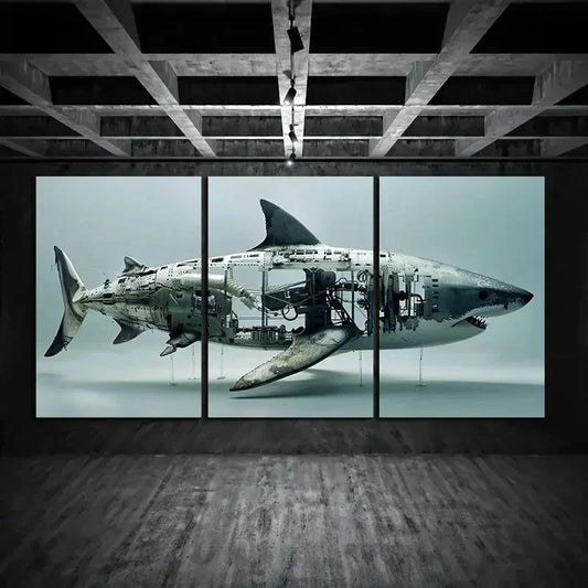 3pcs Mechanical Shark Design Blue Metal Print Ready to Hang Art