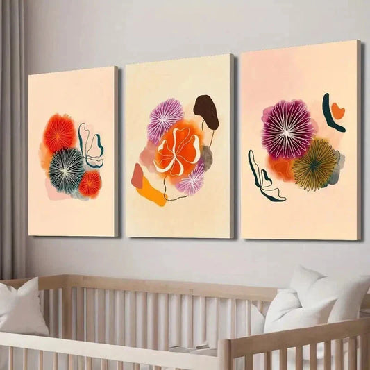 3pcs Mid-Century Colorful Botanical Flower Wall Art Set Canvas Framed 40x60cm - High Quality Print 100% Australian Made Wall Canvas Ready to Hang