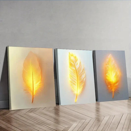 3pcs Feathers that glow  Wall Art Set Canvas Framed 40x60cm - High Quality Print 100% Australian Made Wall Canvas Ready to Hang