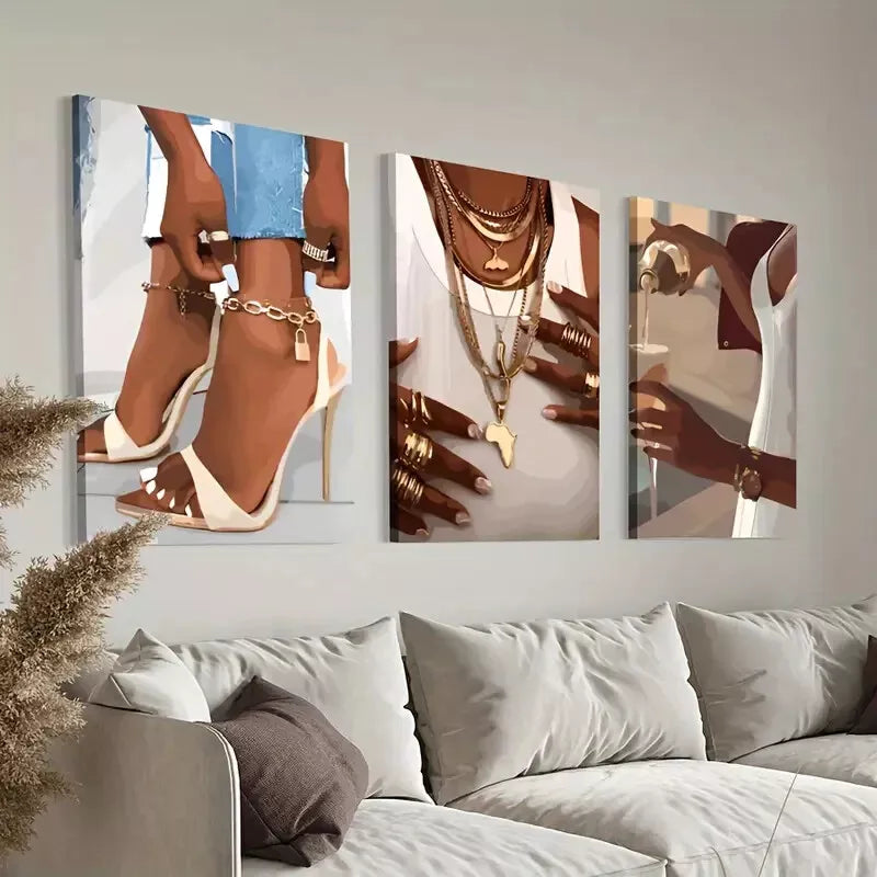 3pcs Fashionable Black Women With Heel Rings & Wine Glass Canvas Framed 40x60cm - High Quality Print 100% Australian Made Wall Canvas Ready to Hang