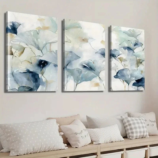 3pcs Modern Indigo Blue & White Botanical Wall Art Set Canvas Framed 40x60cm - High Quality Print 100% Australian Made Wall Canvas Ready to Hang