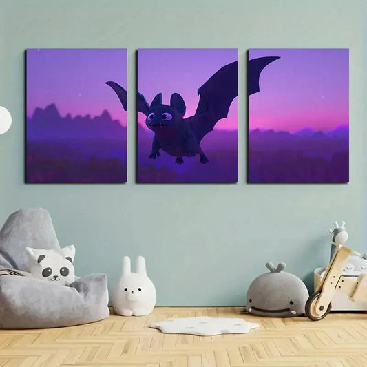 3pcs Black Bats Flying Purple & Black Metal Print Ready to Hang Art