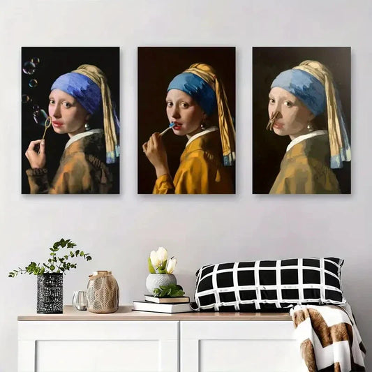 3pcs Girl with Bubble and Lollipop Triptych Metal Print Ready to Hang Art