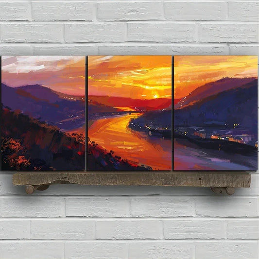 3pcs Sunset Landscape Mountain and River Metal Print Ready to Hang Art