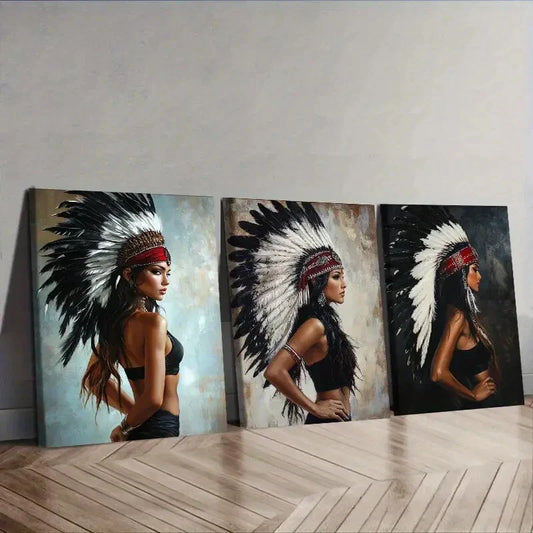 3pcs  Indian girls wear feathered headdresses  Wall Art Set Canvas Framed 40x60cm - High Quality Print 100% Australian Made Wall Canvas Ready to Hang