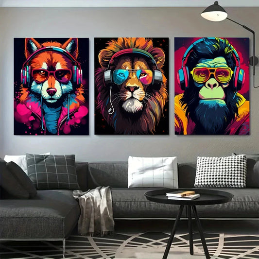 3pcs Gaming Theme with Tiger, Wolf Chimpanzee Metal Print Ready to Hang Art