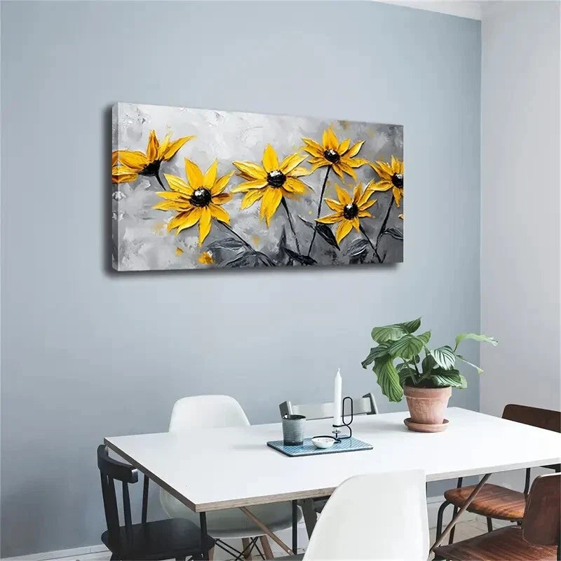 Vibrant Yellow Flowers on Gray Wall Art Canvas Office Home Room Framed 120x60cm