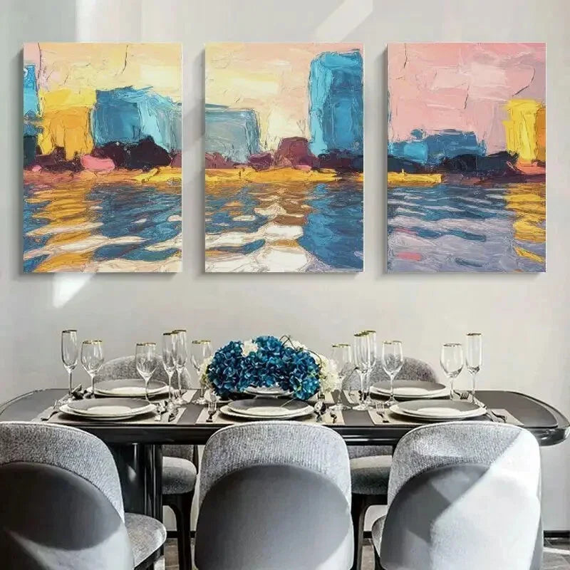 3pcs Blurred Blue & Yellow Brushstrokes Metal Print Ready to Hang Art