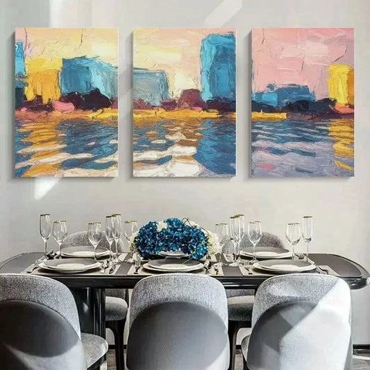 3pcs Blurred Blue & Yellow Brushstrokes Metal Print Ready to Hang Art