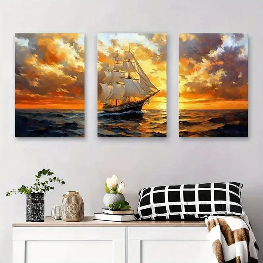 3pcs Dramatic Sunset & Ocean Waves, Classic Metal Print Ready to Hang Art
