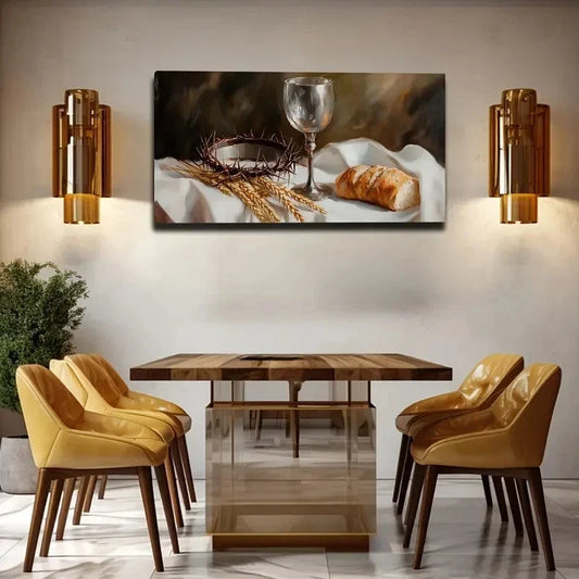 Communion Cup & Cross Design Wall Art Canvas Office Home Room Framed 120x60cm