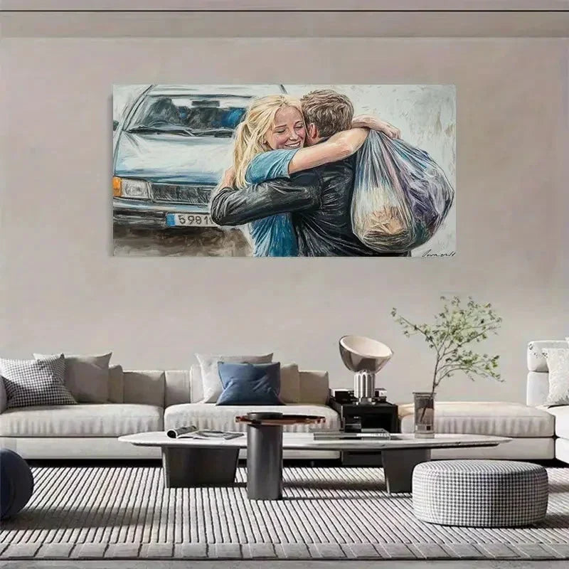 Heartfelt Embrace Scene Wall Art Canvas Office Home Room Framed 80x45cm