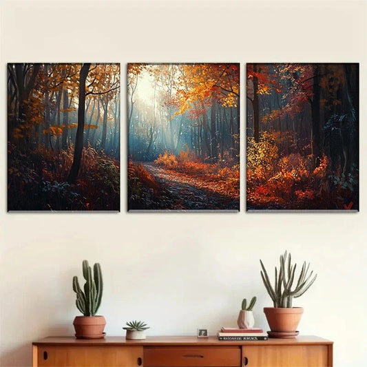 3pcs Mist Autumn Forest Autumn Scenery Metal Print Ready to Hang Art