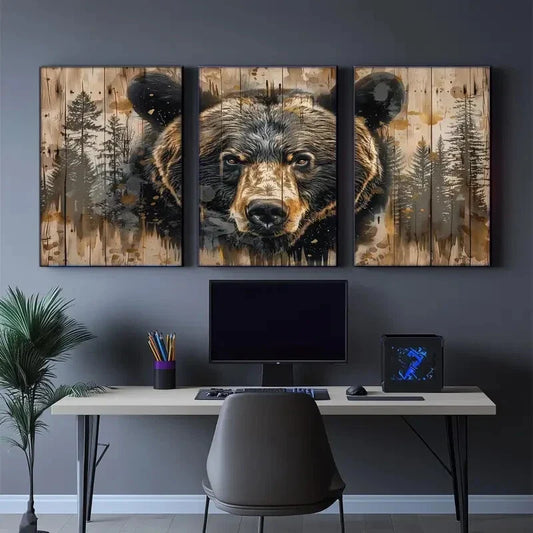 3pcs Grizzly Bear Wall Painting Animal Portrait Metal Print Ready to Hang Art