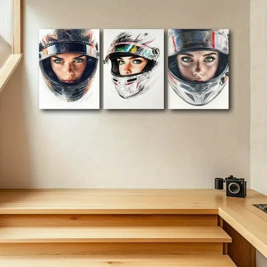 3pcs The Woman in the Helmet Design Metal Print Ready to Hang Art