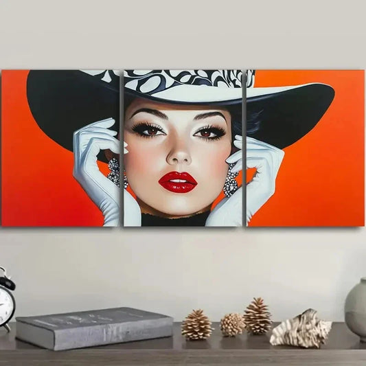 3pcs  Fashionable Woman in Black Hat Metal Print Ready to Hang Art