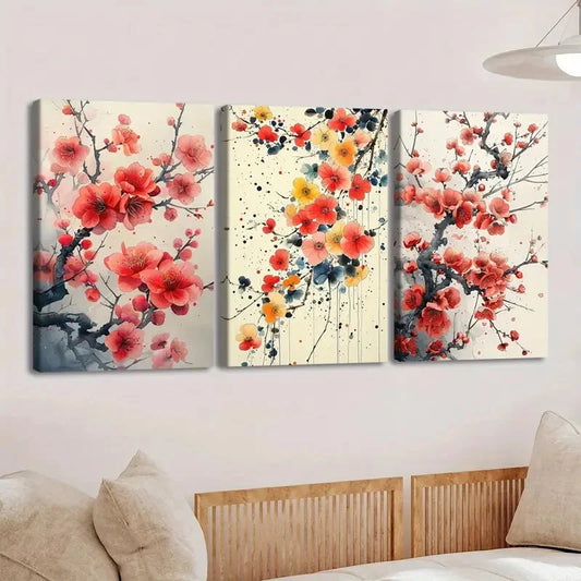 3pcs Vibrant Floral Red & Yellow Blue White Tree Wall Art Set Canvas Framed 40x60cm - High Quality Print 100% Australian Made Wall Canvas Ready to Hang