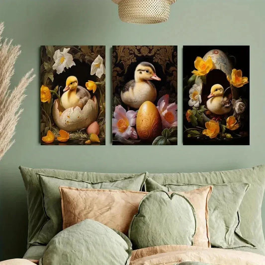 3pcs Yellow Flowers & Ducklings Design Metal Print Ready to Hang Art