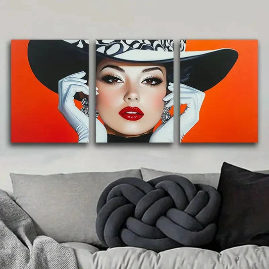 3pcs  Fashionable Woman in Black Hat Metal Print Ready to Hang Art