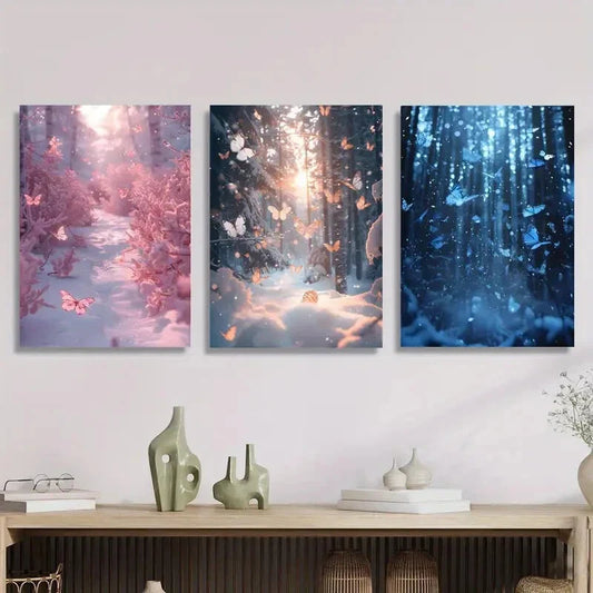 3pcs  butterfly poster in the forest, blue and pink Metal Print Ready to Hang Art