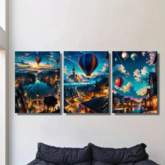 3pcs Hot Air Balloon in Town City Street Scene Metal Print Ready to Hang Art