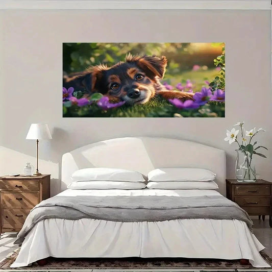 Cute Dog Garden Nature Wall Art Canvas Office Home Room Framed 80x45cm