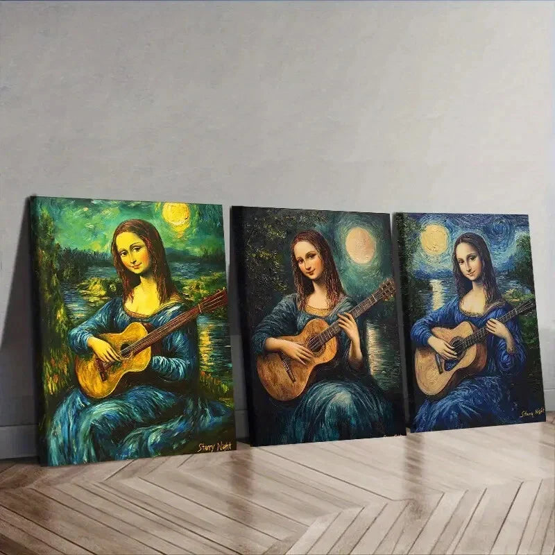 3pcs Mona Lisa Guitar Trio Wall Art Set Canvas Framed 40x60cm - High Quality Print 100% Australian Made Wall Canvas Ready to Hang
