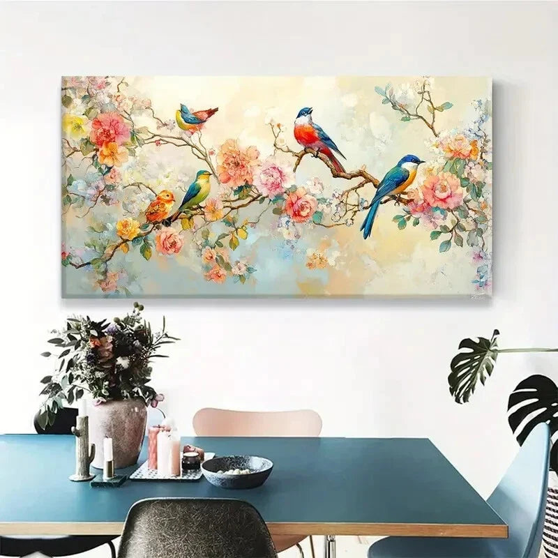 Vibrant Floral & Birds Rustic Wall Art Canvas Office Home Room Framed 120x60cm.