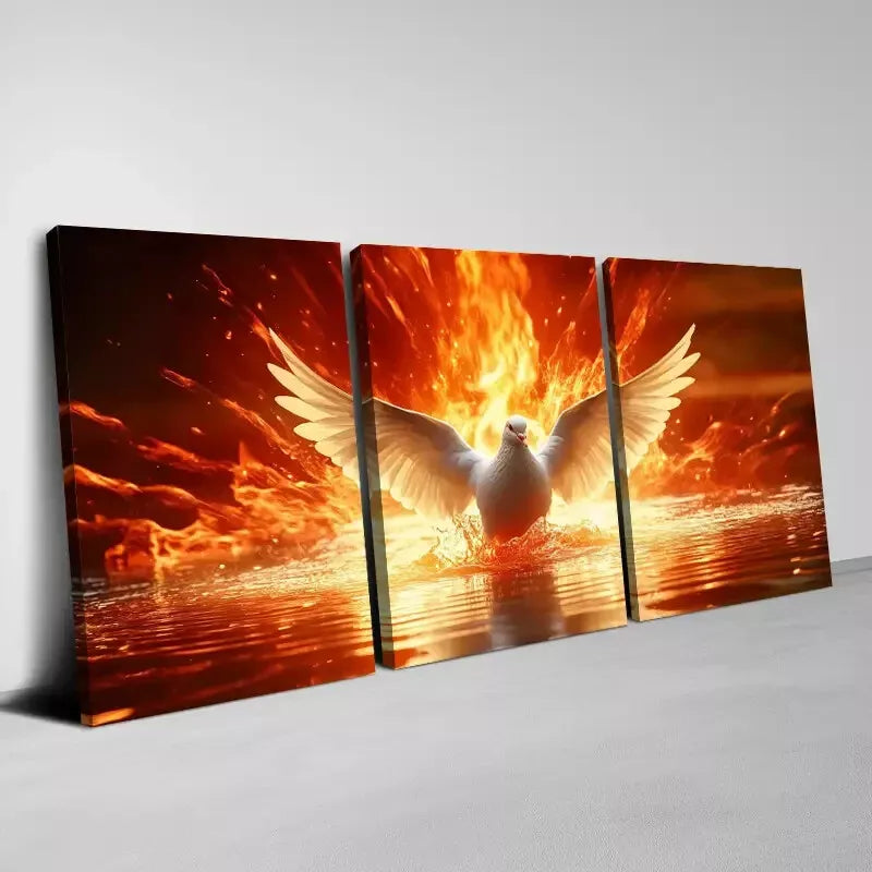 3pcs Holy Spirit Dove at Sunset with Fiery Wall Art Set Canvas  Framed 40x60cm - High Quality Print 100% Australian Made Wall Canvas Ready to Hang