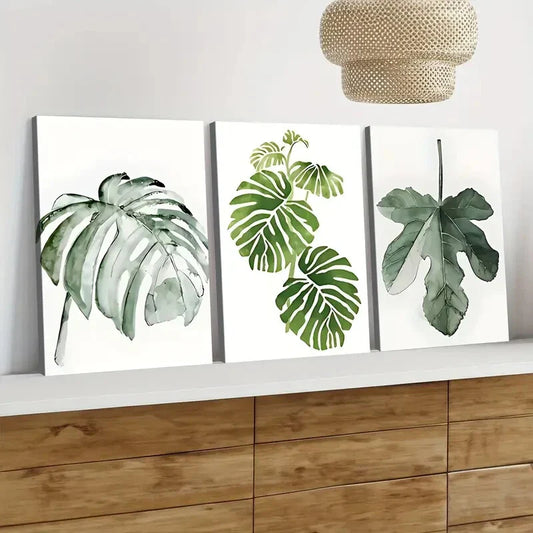 3pcs Modern Fresh Green Leaves White Light Green Wall Art Set Canvas Framed 40x60cm - High Quality Print 100% Australian Made Wall Canvas Ready to Hang