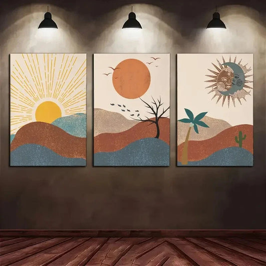 3pcs Landscape Art Sun Moon Plants And Mountains Metal Print Ready to Hang Art