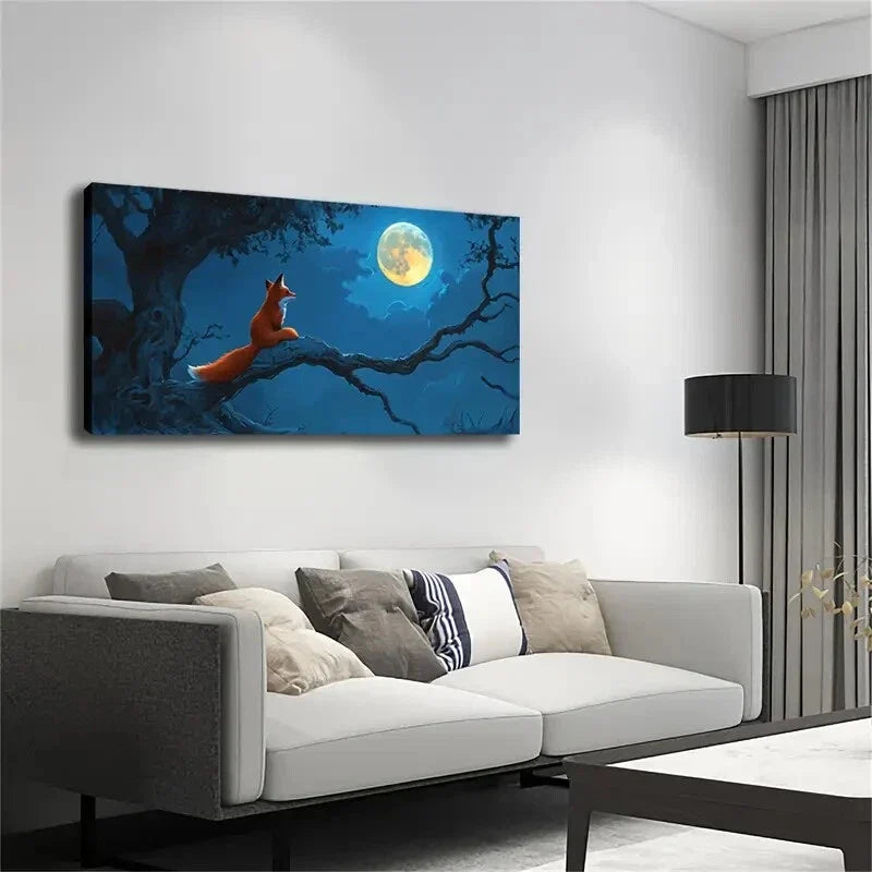 Red Fox Sitting Branch Moon Wall Art Canvas Office Home Room Framed 120x60cm
