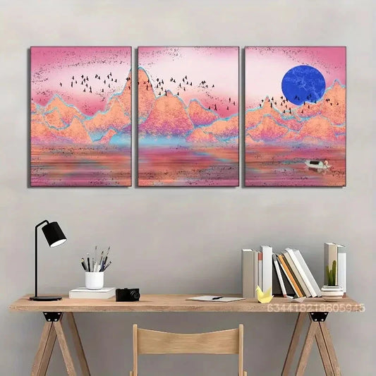3pcs , Landscape art deco poster, solar sailboat Metal Print Ready to Hang Art