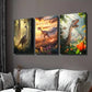 3pcs Feathered Dinosaurs in Forest Illustrations Wall Art Set Canvas Framed 40x60cm - High Quality Print 100% Australian Made Wall Canvas Ready to Hang