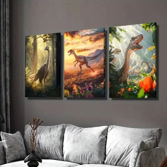 3pcs Feathered Dinosaurs in Forest Illustrations Wall Art Set Canvas Framed 40x60cm - High Quality Print 100% Australian Made Wall Canvas Ready to Hang