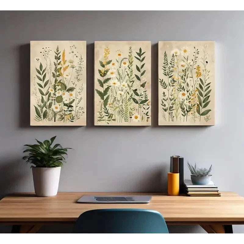 3pcs  Vintage Wildflower Posters with Daisy & Sage Metal Print Ready to Hang Art