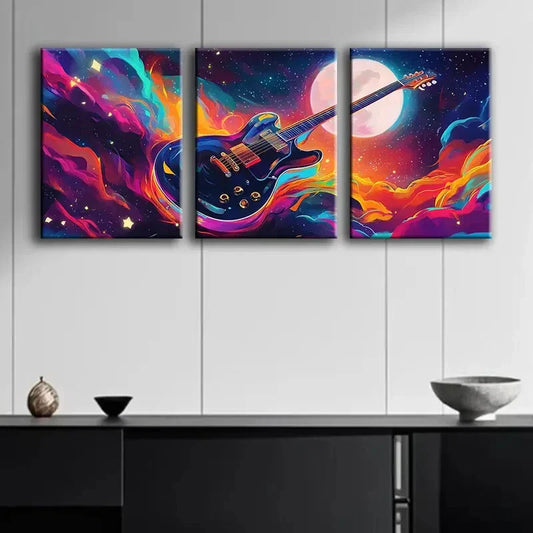 3pcs Colorful Electric Guitar Space Themed Wall Art Set Canvas Framed 40x60cm - High Quality Print 100% Australian Made Wall Canvas Ready to Hang