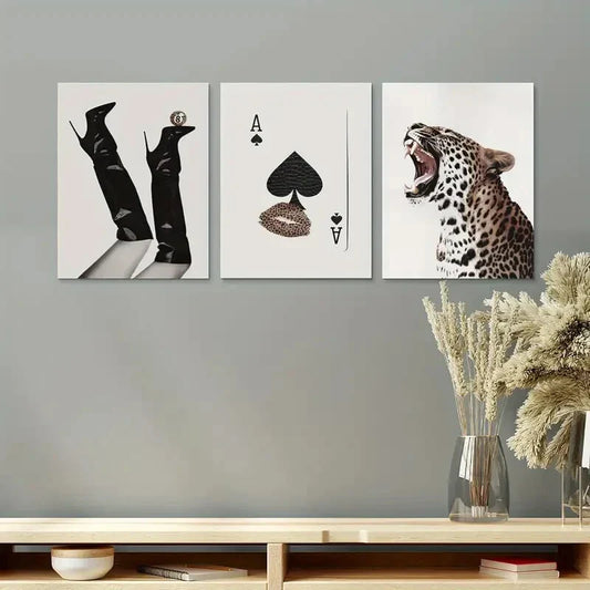 3pcs Modern leopard Ace of Spades Lucky Girl Metal Print Ready to Hang Art