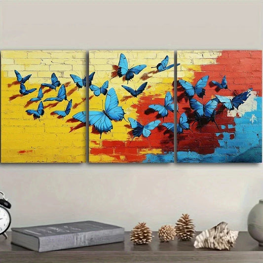 3pcs Yellow & Red Themed Blue Butterflies Metal Print Ready to Hang Art