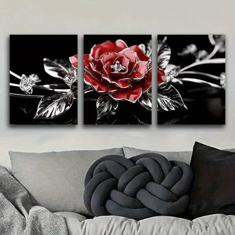 3pcs   Jewel rose Floral Gem  Metal Print Ready to Hang Art